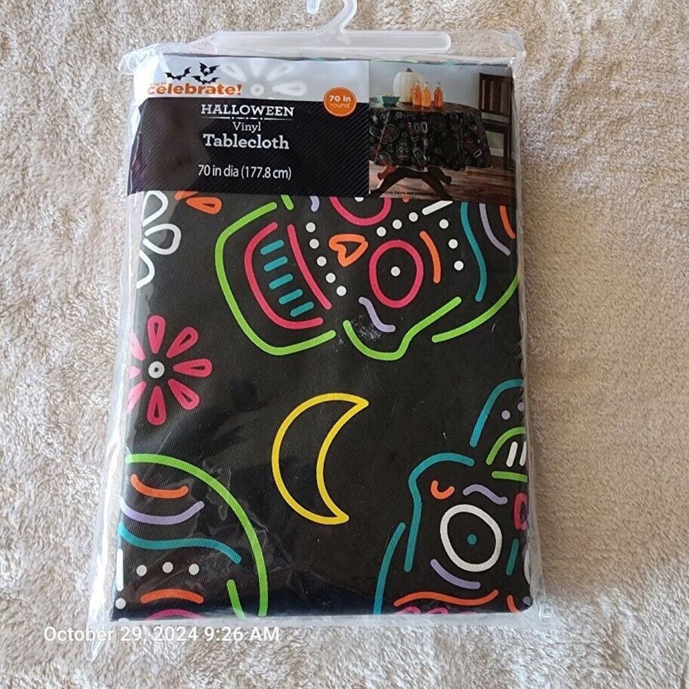 Halloween Peva Tablecloth 70" Round Sugar Skulls Flowers Black w Bright Colors